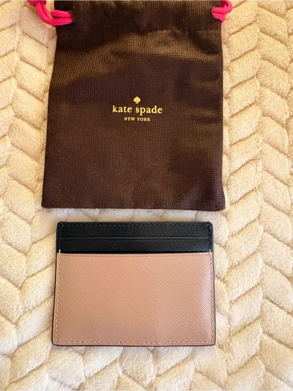 kate spade Tan and Black Leather Card Holder with Gold Logo